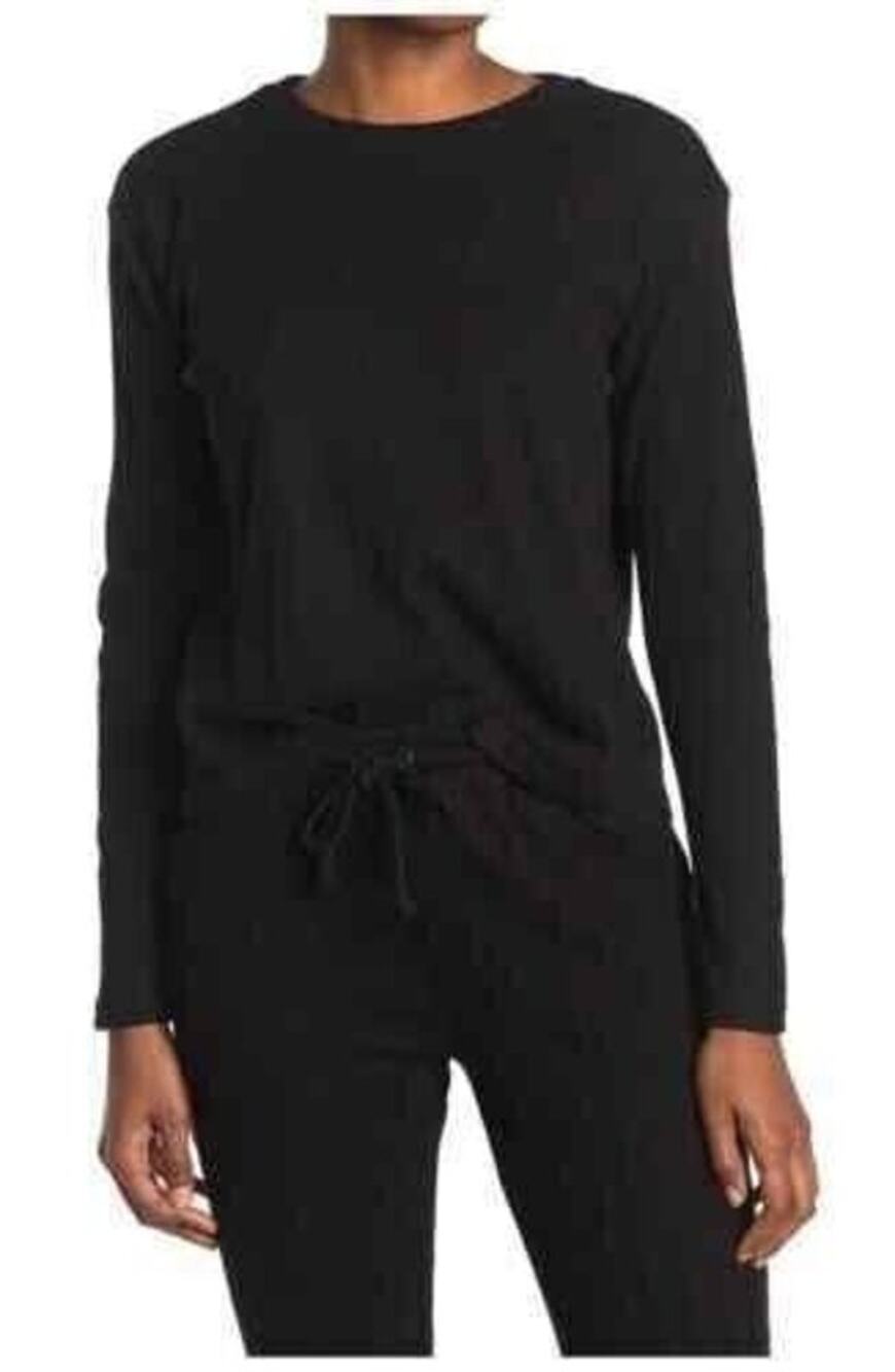 RDI Women Waffle Knit Crew Neck Crop Top Pullover XL/Extra Large Black NWT